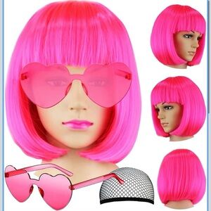 Vibrant Pink Bob Wig with Heart Sunglasses
